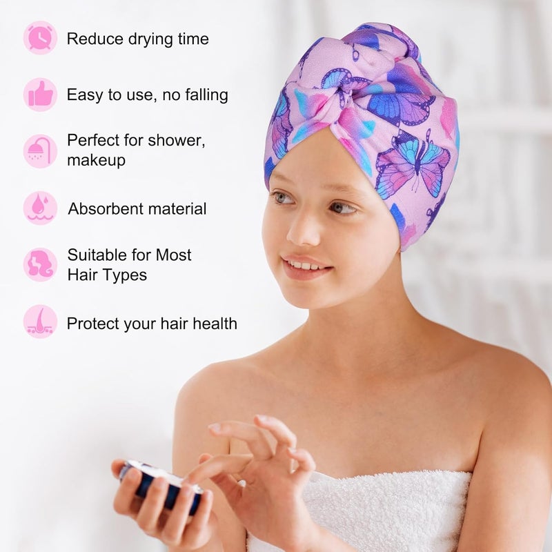 Basumee Microfiber Hair Towel Wrap for Kids 2 Pack - Rapid Drying Turbans With Button for Wet Hair - Head Towel Wrap for Women and Girls, Blue Pink Butterfly - Image 4